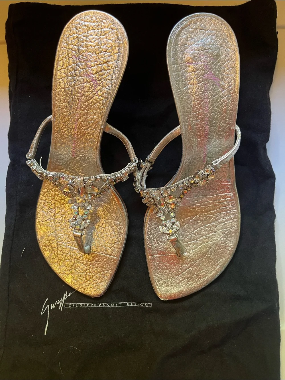 Giuseppe Zanotti Silver Jeweled T-Strap Sandals